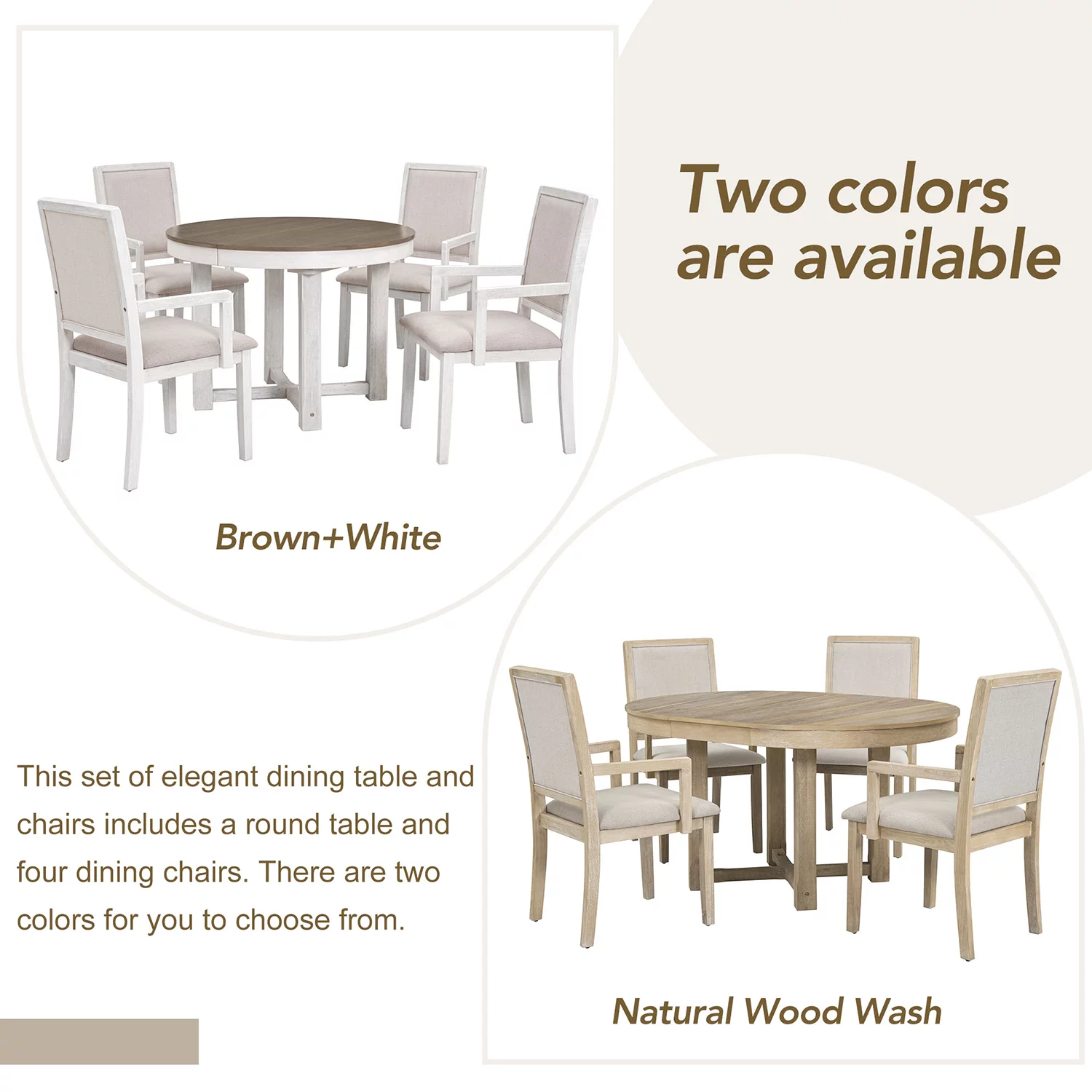 Churanty Farmhouse 5 Piece Round Dining Table Set for 4,Two Size Round to Oval Extendable Butterfly Leaf Wood Dining Table with 4 Upholstered Chairs