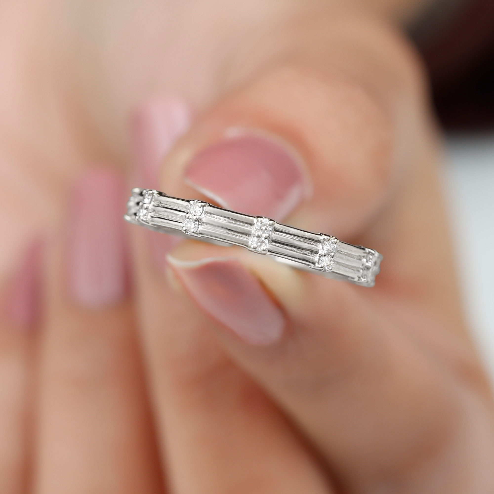 Simple Diamond Stackable Gold Band Ring in Pave Setting, 925 Sterling Silver, US 4.00