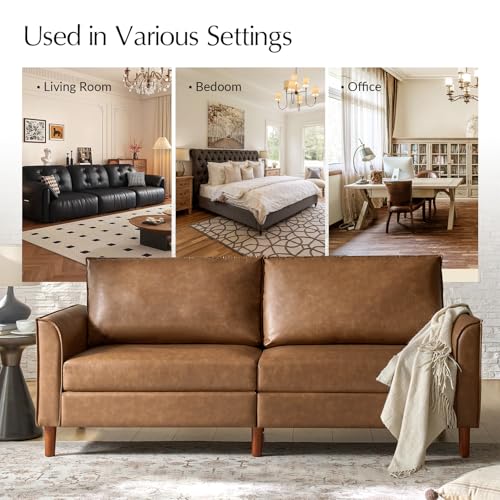 HULALA HOME 78" Faux Leather Sofa with Solid Wood Legs, Mid-Century Modern PVC Leather Couch, Comfy Upholstered 3-Seater Sofa for Living Room Bedroom