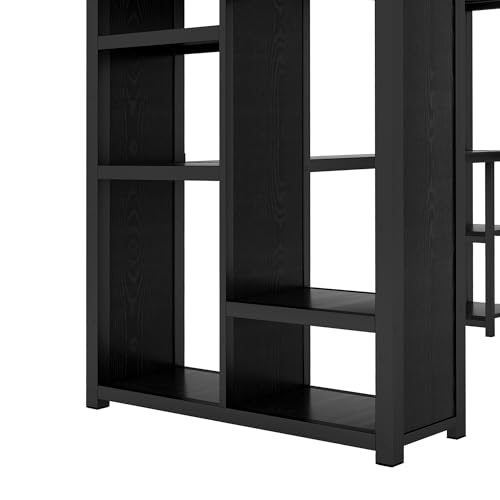 Bellamave Metal Loft Bed with Wardrobe and L-Shaped Desk, Full Size Loft Bed with Storage Cubes and Shelves, Heavy Duty LoftBed for Kids Teens Adults