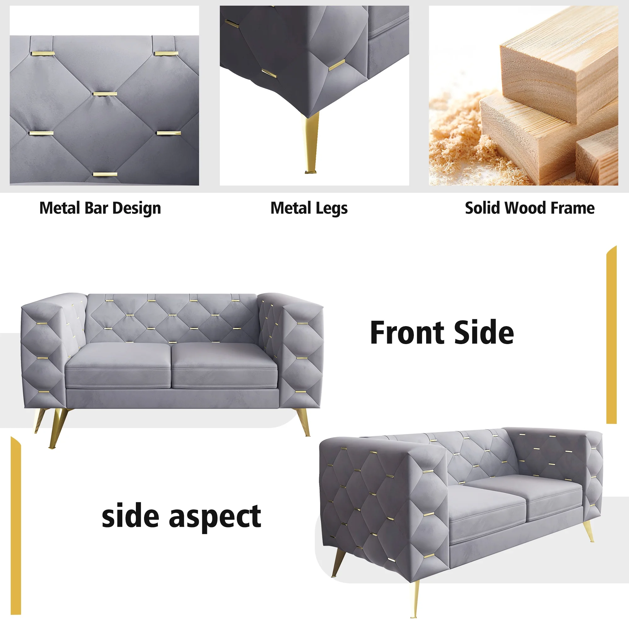 Giratree Living Room Furniture Sets, 3 Piece Mid Century Modern Velvet Upholstered Living Room Sofa, Gray