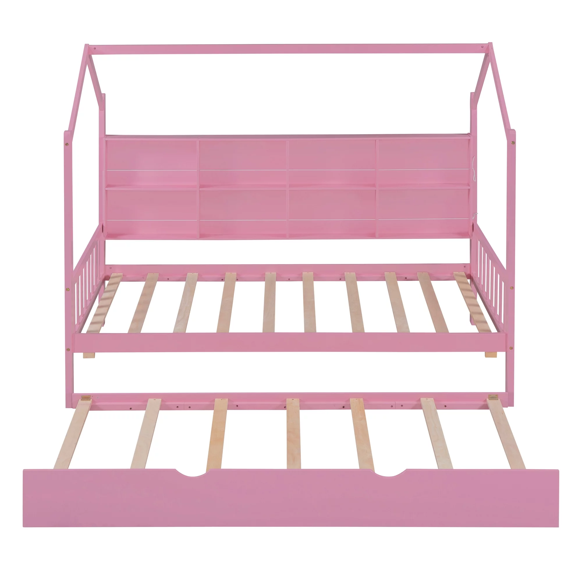 Swivelife Wooden Twin Size House Bed with Trundle,  Kids Bed with Shelf for Kids Room, Pink