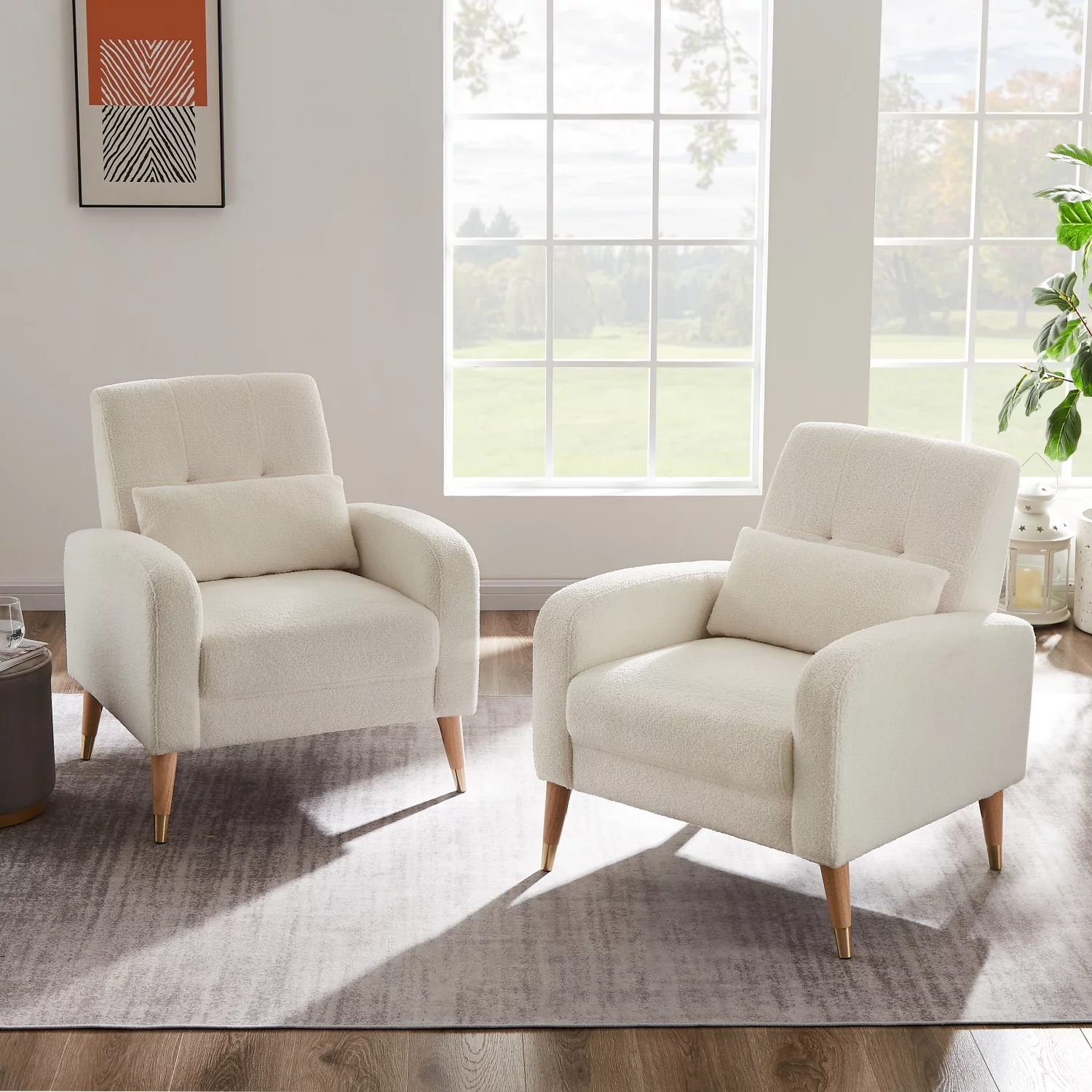 Holaki Modern Accent Chair, Upholstered Single Sofa Chair Sherpa Arm Chair for Living Room and Bedroom, Comfy Armchair with Metal Legs, White Fabric