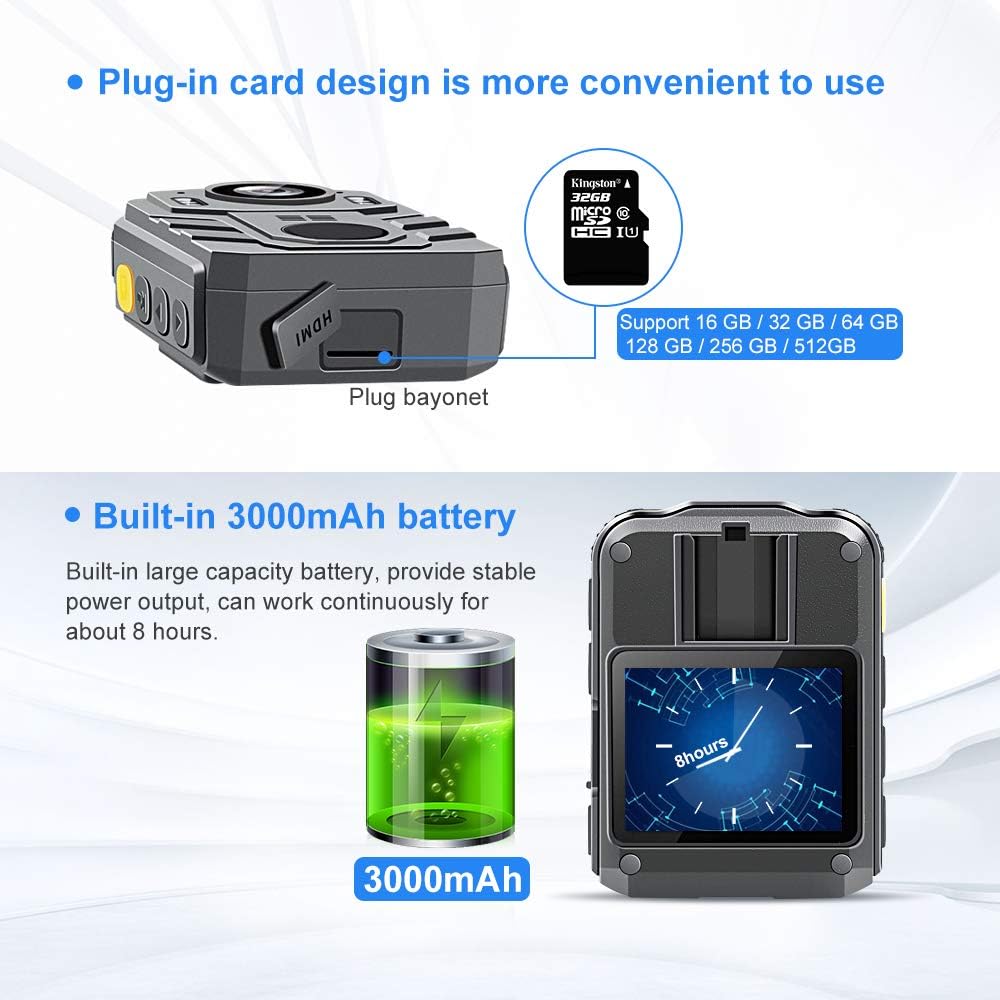 CAMMHD 1296P HD Police Body Camera with 2 Inch Display, Waterproof Body-Worn Camera, Wearable Camera, Portable HD Body Camera, IR Night Vision