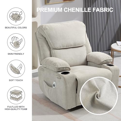 Rocker Recliner Chair with Massage and Heated, 360°Swivel Rocking Chairs with Cup Holders Remote Control for Living Room (Gray Oatmeal)