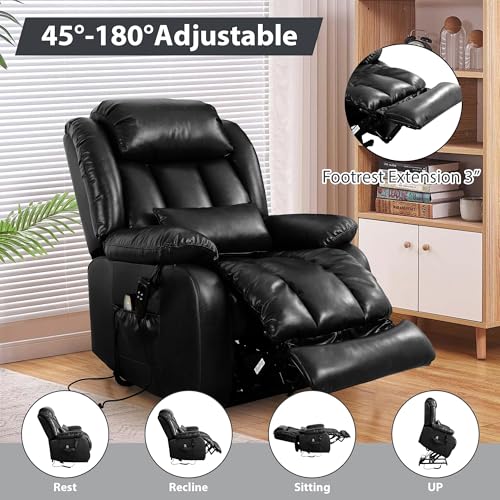 EDILLY Large Genuine Leather Power Lift Recliner Chairs for Elderly, Dual Motor with Massage and Heating,Double Lumbar Cushion and Extended Footrest