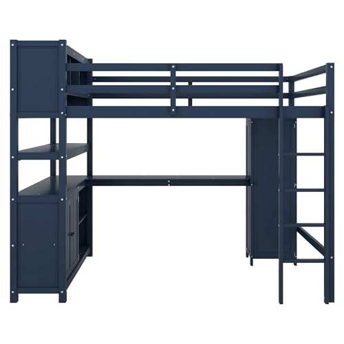 SOFTSEA Full Size Loft Bed with L Shaped Desk, Wood Loft Bed with Wardrobe, Storage Cabinet and Shelves