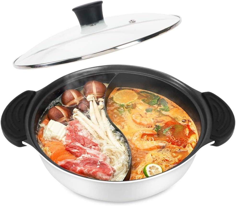 Shabu Shabu Hot Pot with Lid Non-Stick Casserole Induction Cooktop Sided Soup Cookware Shabu Shabu Pot with Divider, 12.6 Inch, White