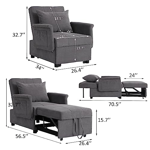 Convertible Chair Sleeper Bed, Folding Ottoman Sleeper Guest Bed 3 in 1 Multi-Function Adjustable PU Leather Futon Chair with Lumbar Pillow (Black)