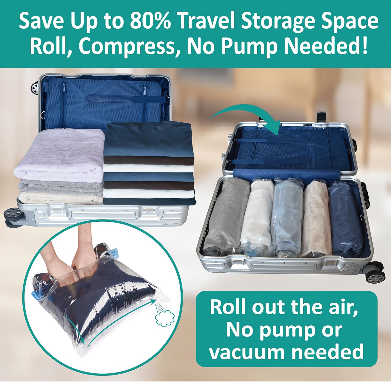 12 Pack Durable Plastic Roll-Up Space Saver Bags for Travel