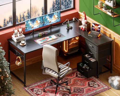 AODK L Shaped Gaming Desk with 4 Drawers, 61" Reversible Home Office Desks with Power Outlets