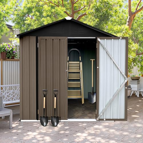 8x6 FT Outdoor Storage Shed, Metal Tool Shed with Lockable Doors, Peaked Roof & Frame Floor