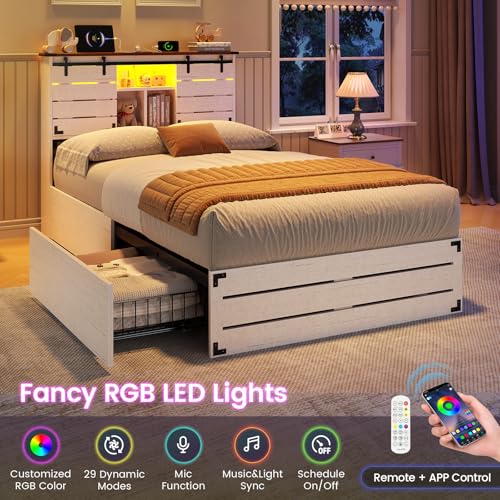 VIAGDO Wooden Bed Frame Queen Size with Bookcase Headboard and Sliding Barn Door, Farmhouse Queen Bed Frame with Charging Station