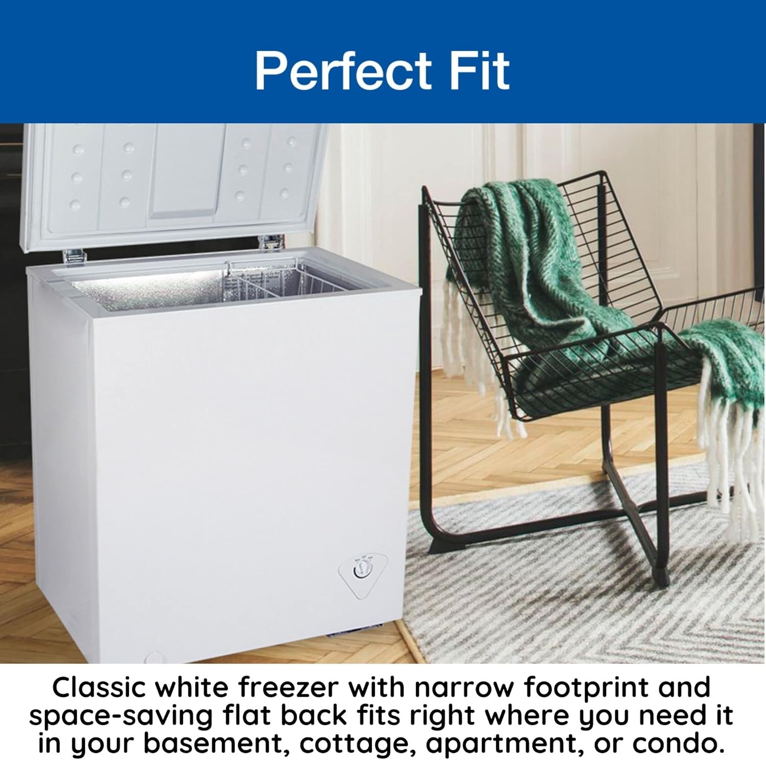 Koolatron Compact Chest Freezer, 5.5 cu ft (155L), White, Manual Defrost Deep Freeze, Storage Basket, Space-Saving Flat Back, Stay-Open Lid