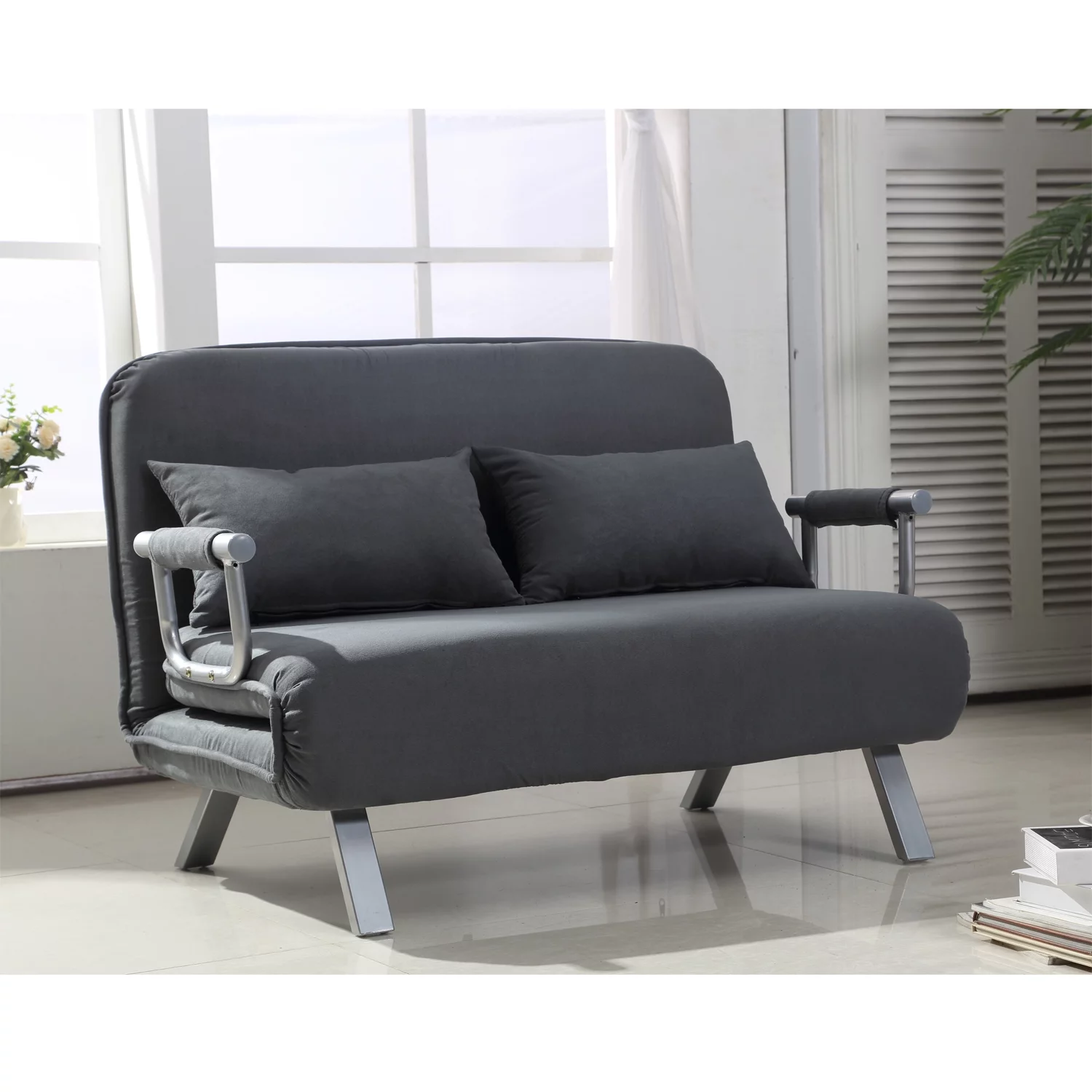 HomCom Small Sofa Couch Futon with Fold Up Bed and Adjustable Backrest, featuring Modern Design with Chic Suede, Grey