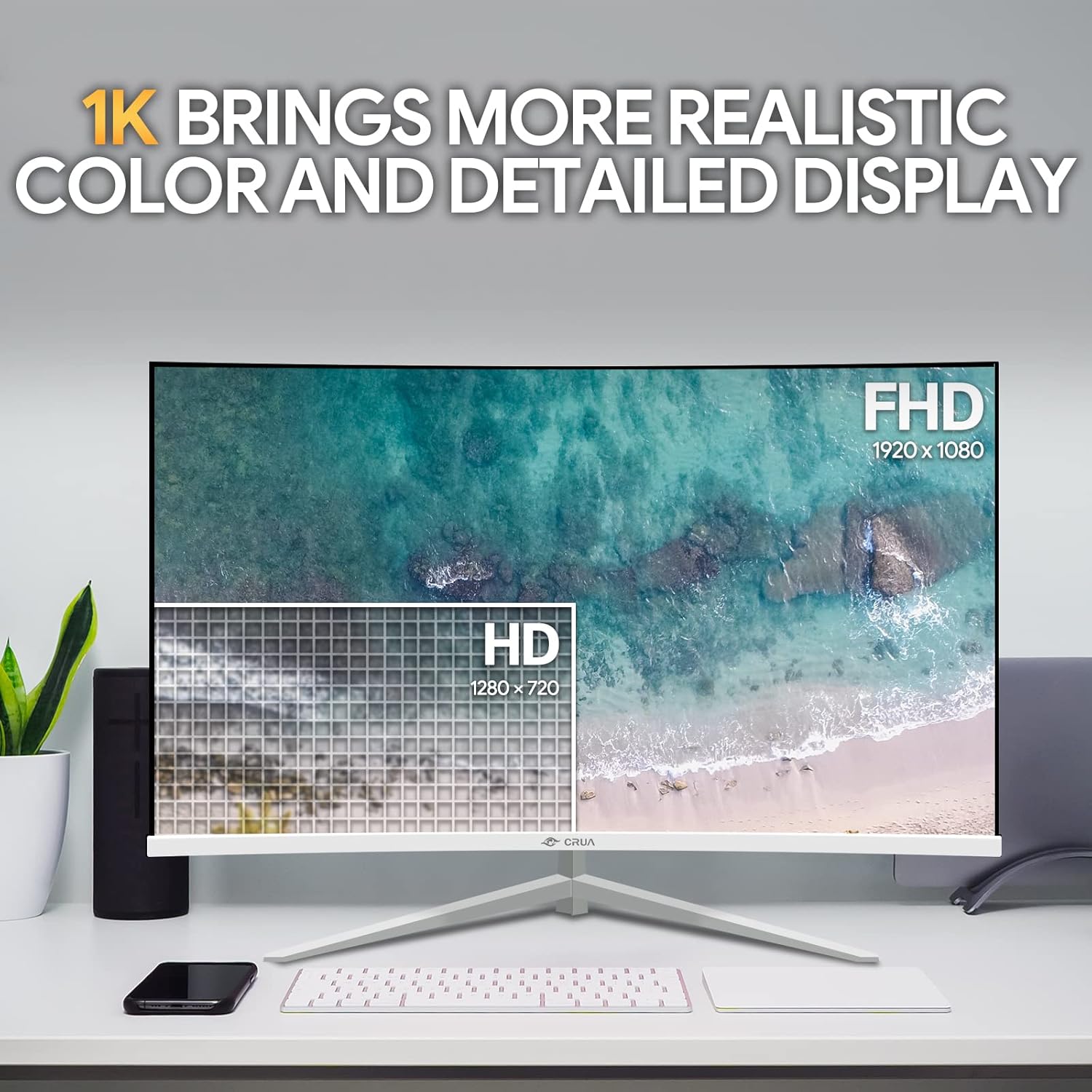 CRUA 32" Monitor, FHD(1920x1080P) 75Hz VA Screen White Monitor, 99% sRGB, 4000:1 Contrast Ratio,16.7 Million Colors Curved Monitor