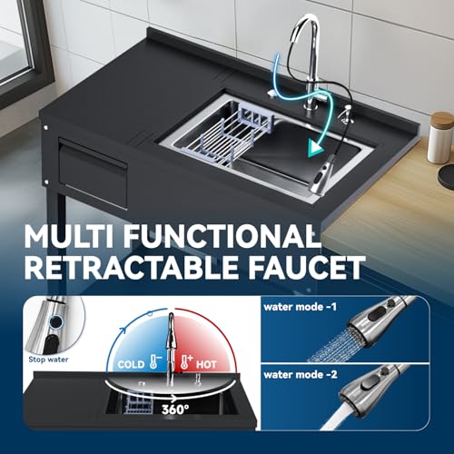 36" Stainless Steel Freestanding Utility Sink with Drawer, Laundry&Utility Room Sinks, Upgrades Faucet, Hoses and Drain Kit