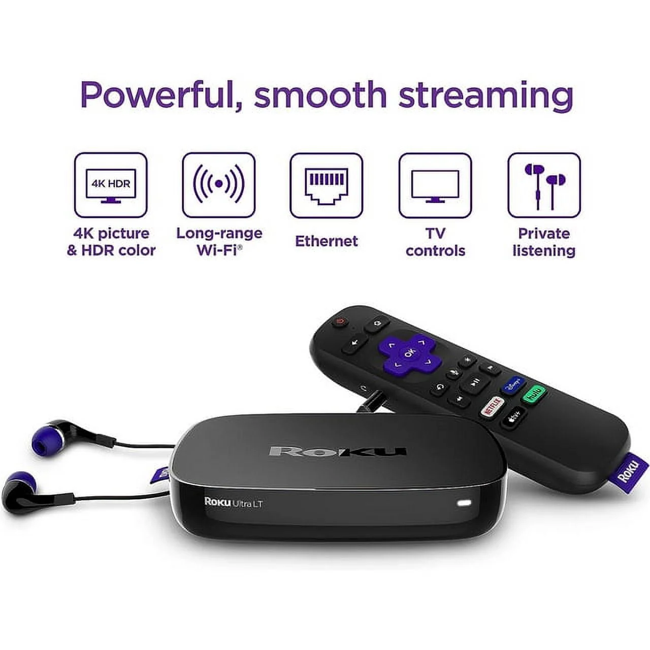 Restored Roku Ultra LT Streaming Device 4K/HDR/Dolby Vision/Dual-Band Wi-Fi® with Roku Voice Remote and HDMI Cable (Refurbished)
