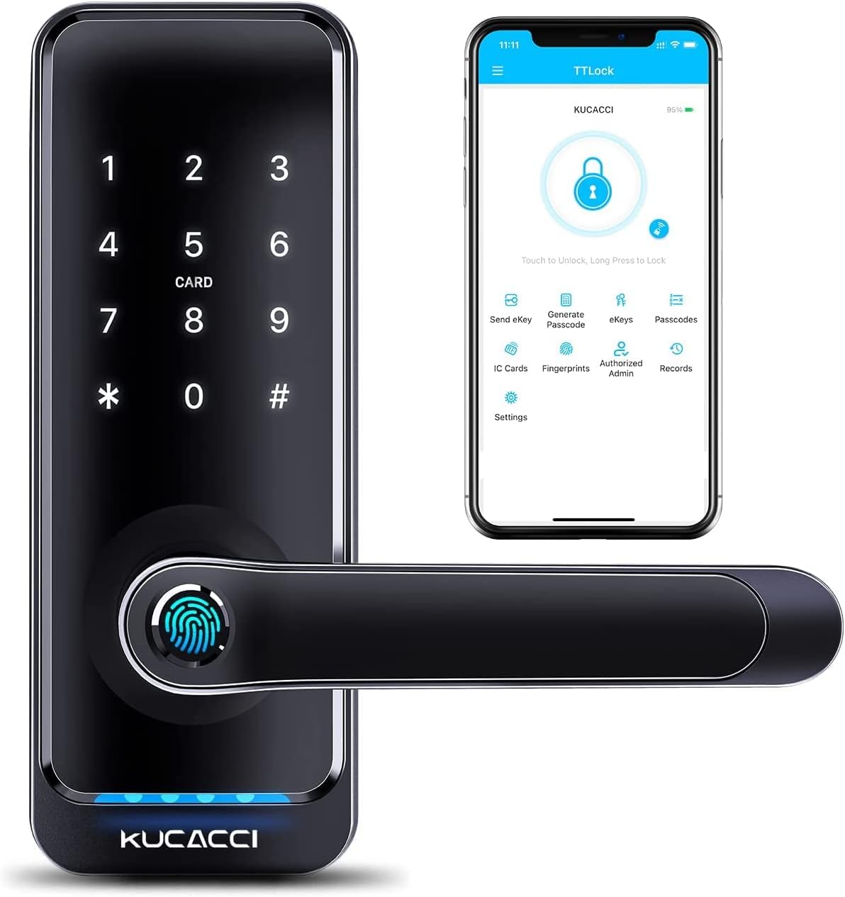 KUCACCI Smart Door Lock, Keyless Entry Door Lock, Fingerprint Door Lock, Digital Door Lock, Keypad Door Lock with Handle, Bluetooth WiFi Door Locks