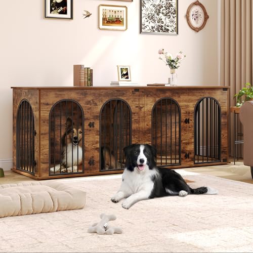 71" Dog Crate Furniture for 2 Dogs, Heavy Duty Indoor Dog Kennel TV Stand, XXL Wooden Dog Cage with Divider for Medium Large Dogs