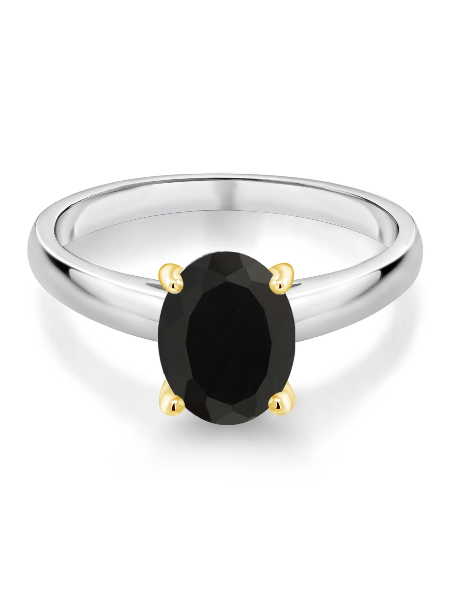 Gem Stone King 2.00 Ct Oval Black Onyx 925 Silver and 10K Yellow Gold Ring Ring