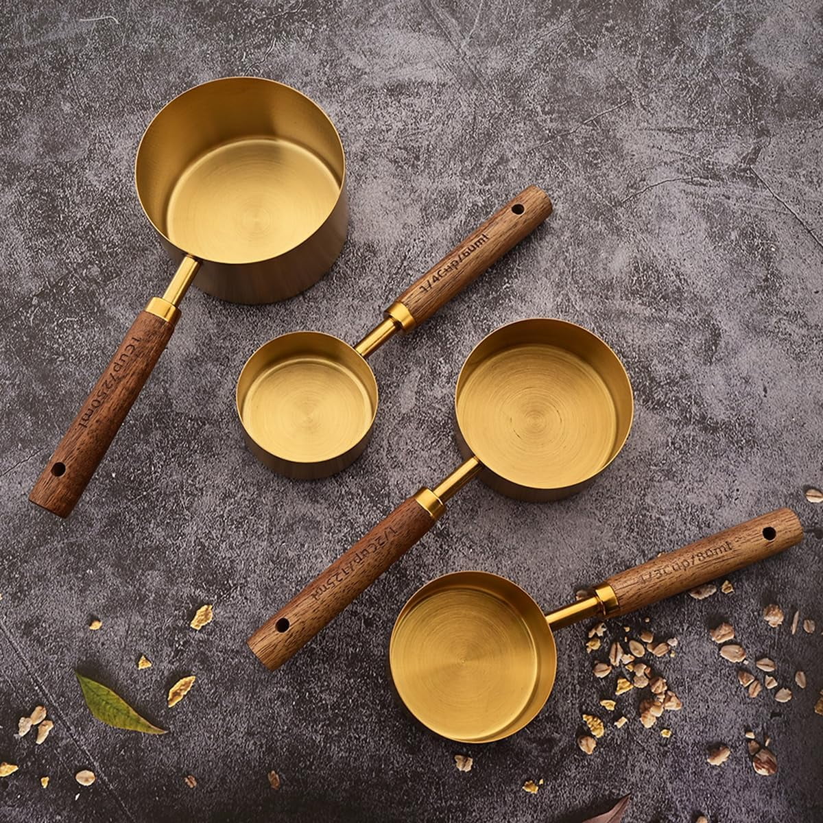 8 pieces Golden Measuring Cups Set and Measuring Spoons Set with Scale, Wooden Handle Stainless Steel Dry &amp
