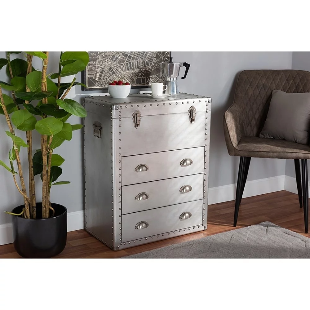 Baxton Studio Serge French Industrial Silver Metal 3-Drawer Accent Storage Chest