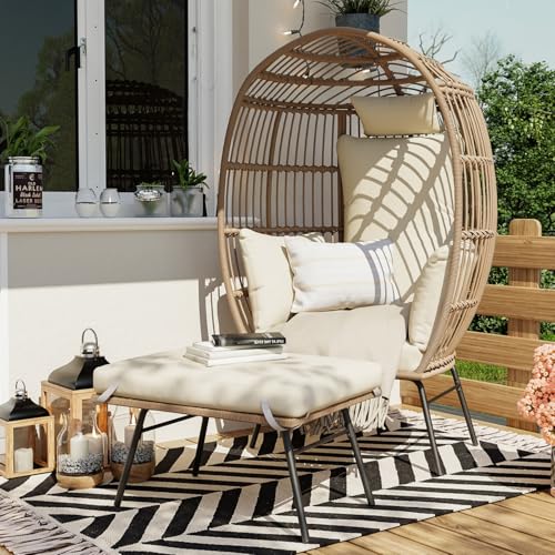Oversize 360°Swivel Egg Chair Patio Rotating Rattan Egg Basket Lounge Chair, Wicker Egg-Shaped Chair w/Steel Frame Stand and 4 Cushions for Patio