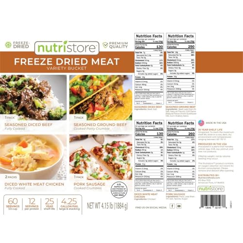Nutristore Emergency Buckets | Premium Freeze-Dried Meats | 25-Year Shelf Life | Made in USA | Emergency Survival Food Supply | 60 Large Servings