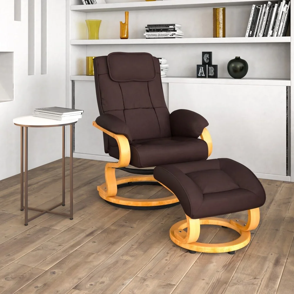 Flash Furniture Contemporary Multi-Position Recliner and Ottoman with Swivel Maple Wood Base Brown Pushback Recline