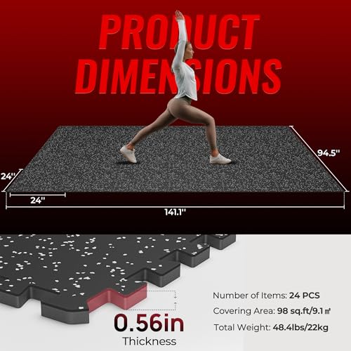 SUPERJARE 0.56'' Thick 24 Pcs 96 Sq Ft Rubber Top Exercise Equipment Mats, High Density EVA Foam Mats with Rubber Top