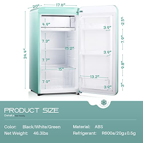 Kismile Retro Mini Fridge with Freezer,Small fridge with Adjustable Removable Glass Shelves, Mechanical Control, Compact Refrigerator for Office