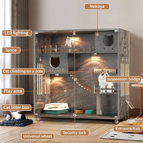 Enclosed Cat Condo, Large Space Cat Cage with Scratching Post, Wooden Indoor/Outdoor Cat Enclosure, Multi-Feature Cat Houses Ventilation Glass Doors