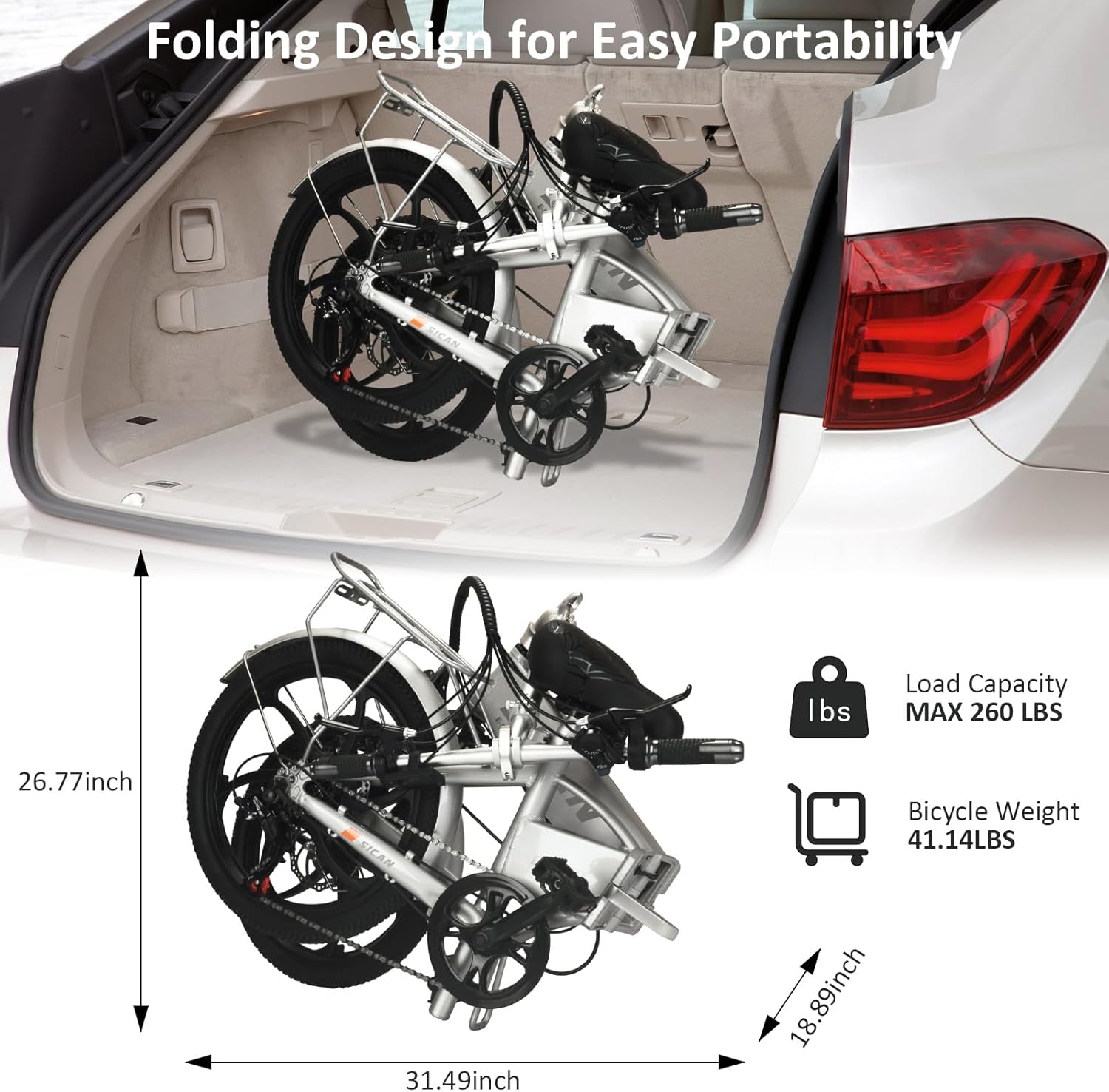 Folding Electric Bike, 850W Brushless Motor(Peak 1000W), 48V 12Ah Hidden Removeable Battery Up to 50 Miles, 3.0H Fast Charge, Weighs Only 40lbs