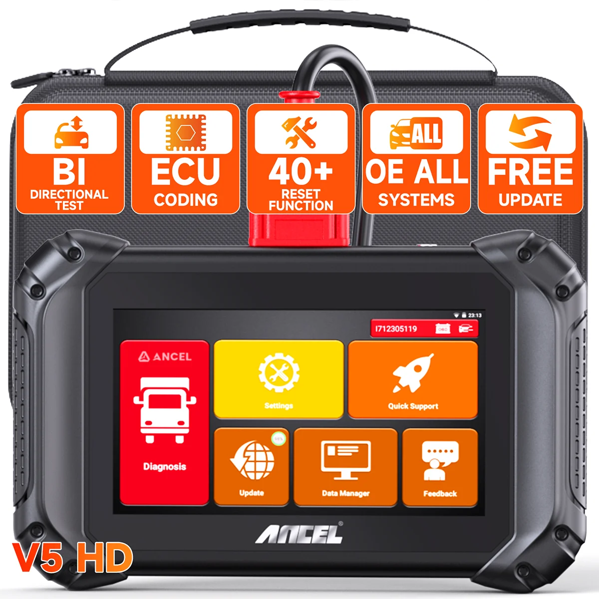 ANCEL V5 HD Diesel Truck Bi-directional Diagnostic Scan Tool Heavy Duty Truck All System Scanner 40+ Maintenance Reset DPF Regen ECU Coding OBD2 2 IN