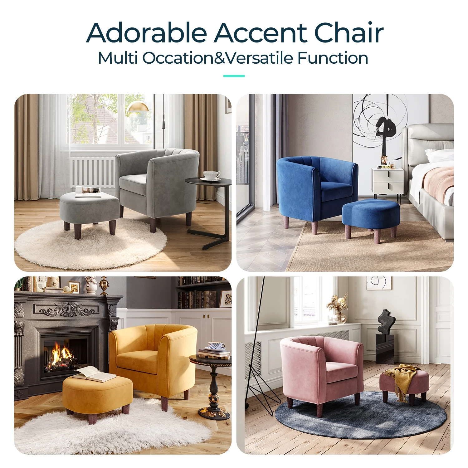 LINSY HOME Velvet Accent Chair with Ottoman for Living Room, Light Grey - Radiant Selections