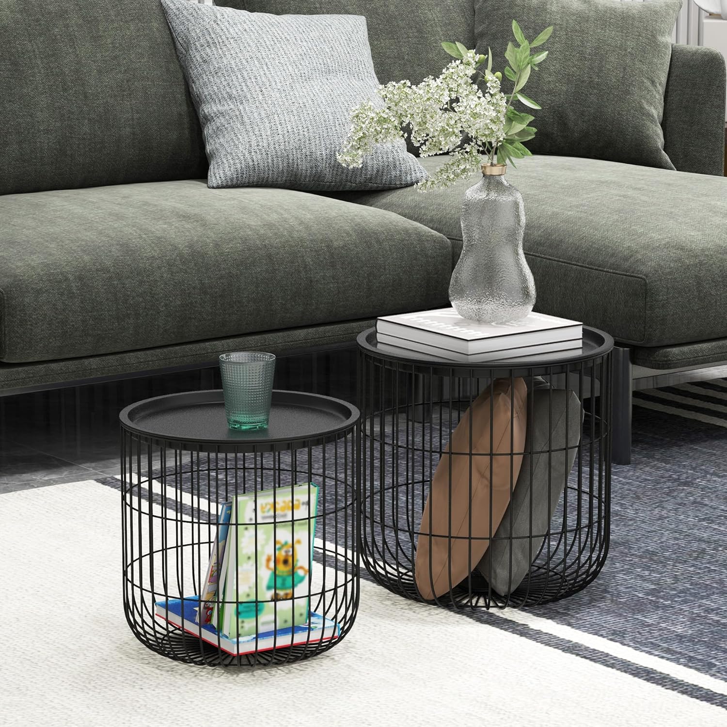 Nesting Coffee Tables, Round Coffee Table Set of 2 with Steel Wired Basket Body and Removable Top