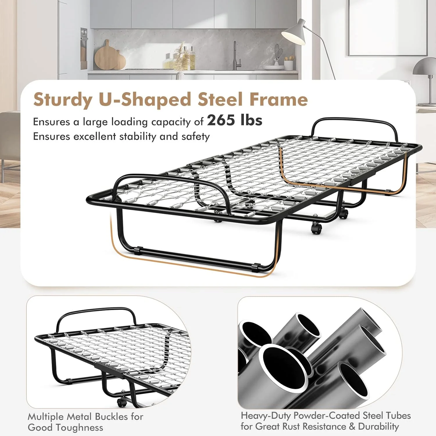 Folding Bed With Mattress Memory Foam, Foldable Bed W/Sturdy U-Shaped Metal Bed Frame, 4 Universal Wheels, Portable Guest Bed, Easy Storage