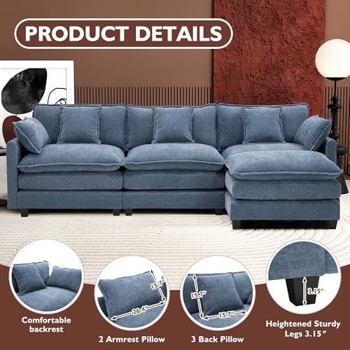 Ihanherry 111.4" U Shaped Modern Cloud Sofa Modular Sectional Couch with 2 Ottoman, 5-Seat Chenille Deep Seat Sofa with Pillow for Living Room