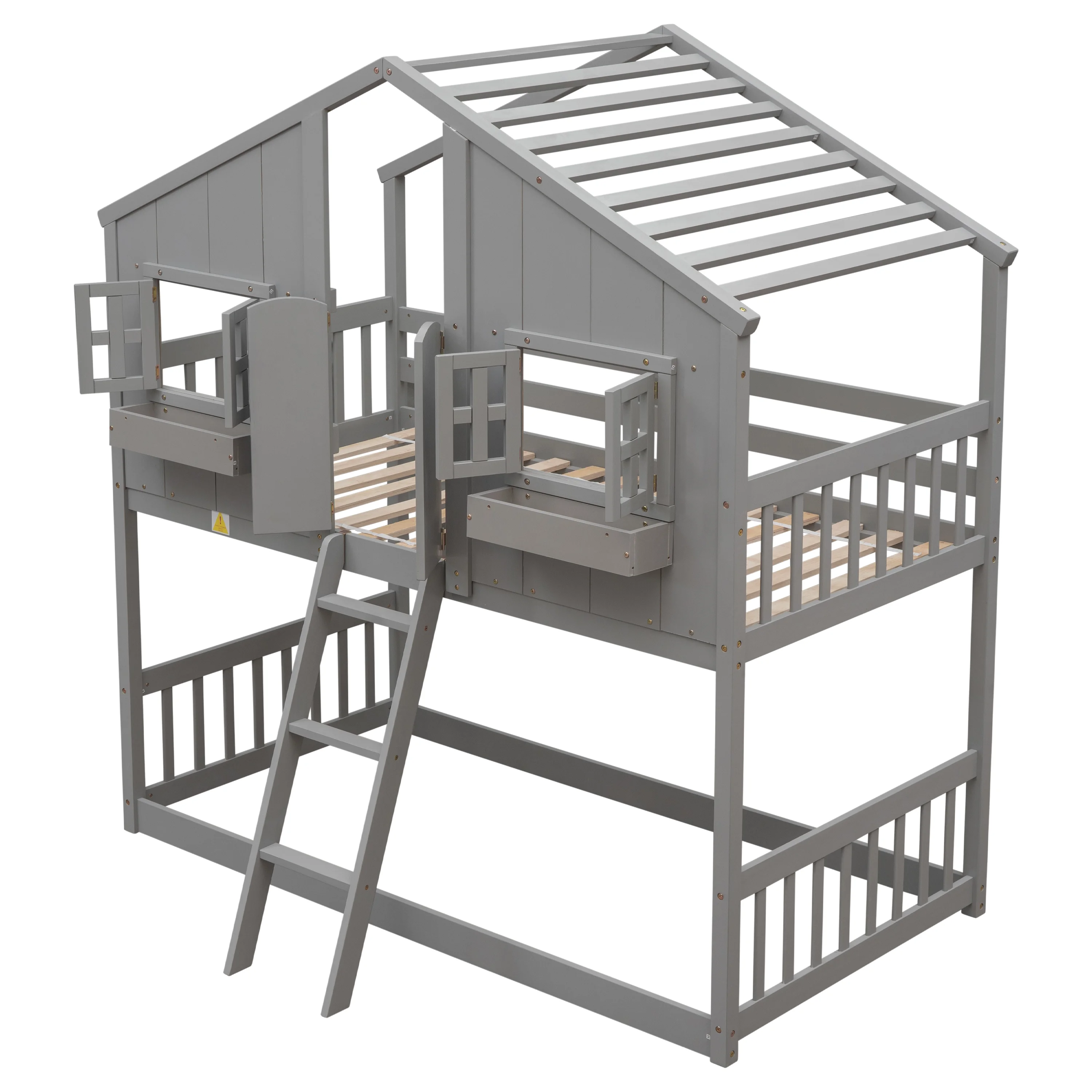 Solid Wood Twin over Twin House Bunk Bed with Roof, Window, Window Box, Door, Ladder and Guard Rail