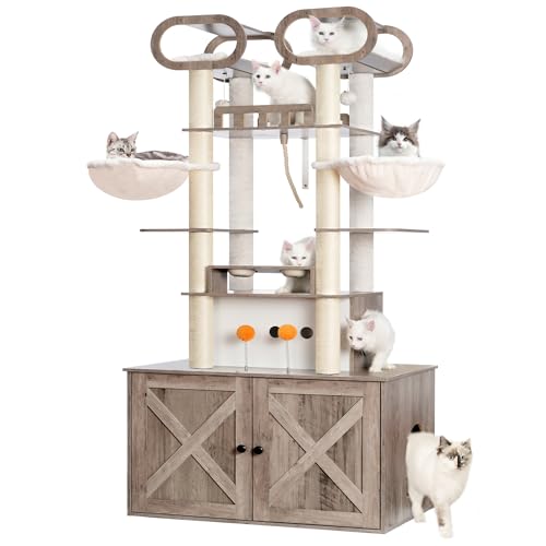 Heybly Cat Tree with Litter Box Enclosure, 76.8-inch Wooden mainecoons Cat Tower with Food Station,Extra Large Platforms