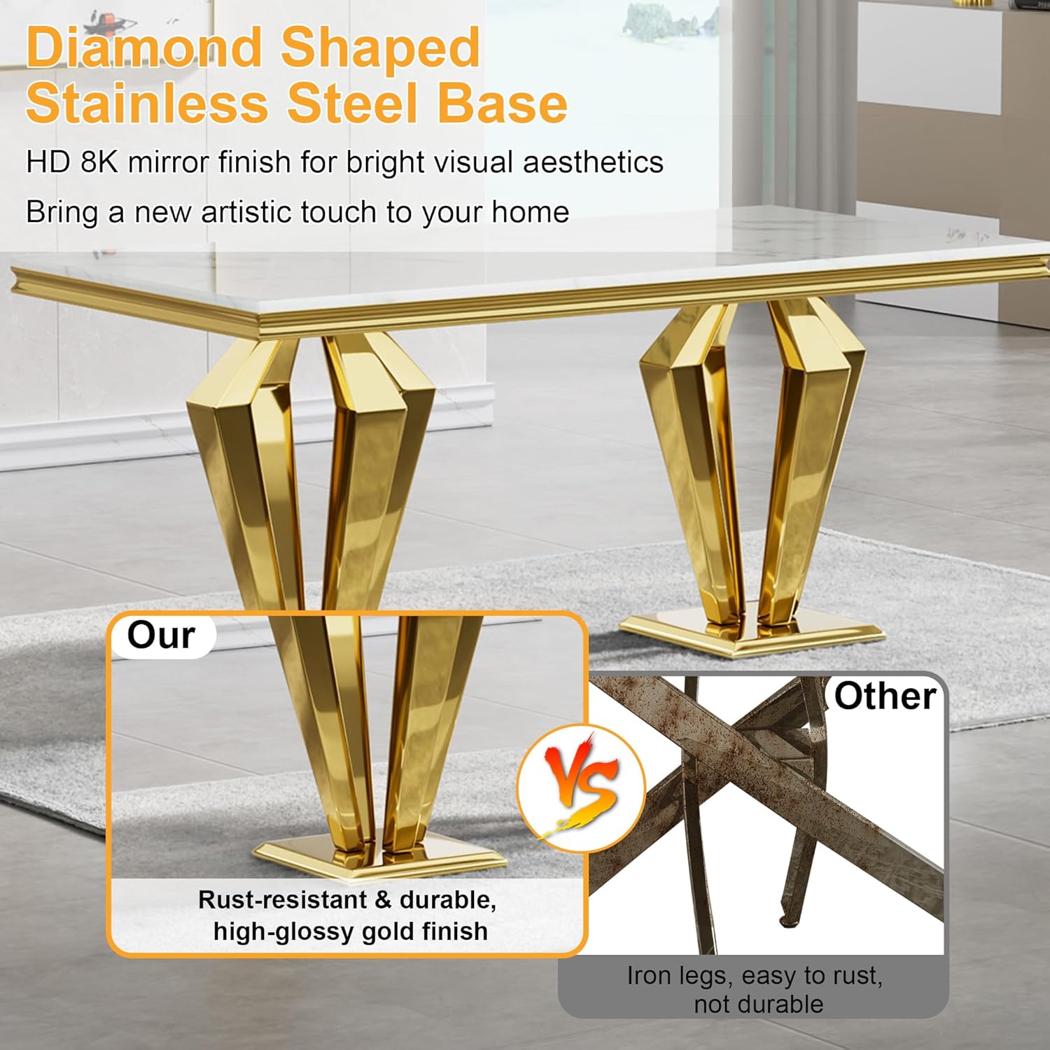 Modern Dining Room Table Set for 4, Marble Dining Table Set for 4, 70" White Gold Marble Dining Table with Oval Backrest Black Leather Chairs