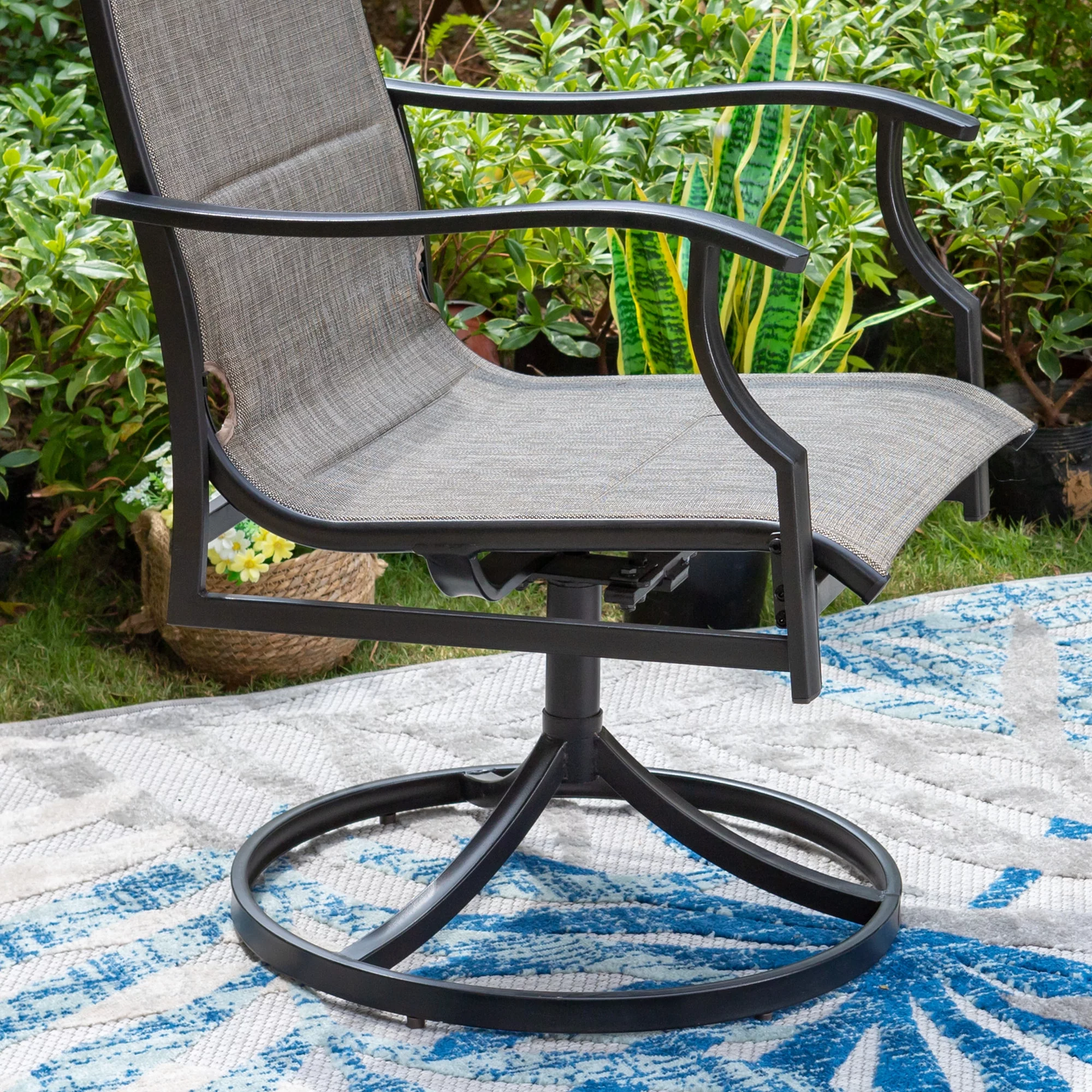 MF Studio 7-Piece Outdoor Patio Dining Set with High-Back Swivel Padded Chairs & Rectangle Table with Umbrella Support, Black & Gray