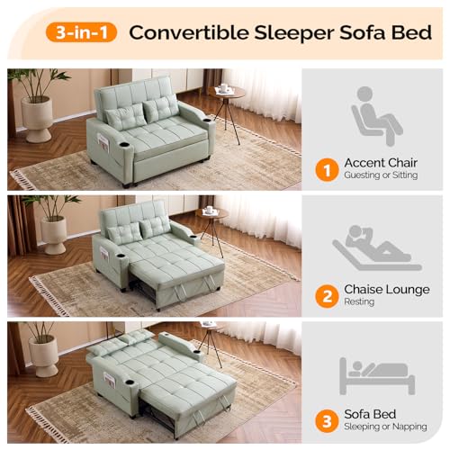 VINGLI Light Green Futon Sofa Bed Convertible Loveseat Sleeper Couch, Faux Leather Pullout Sofa Fold Out Couch Bed with USB Ports, Cup Holders