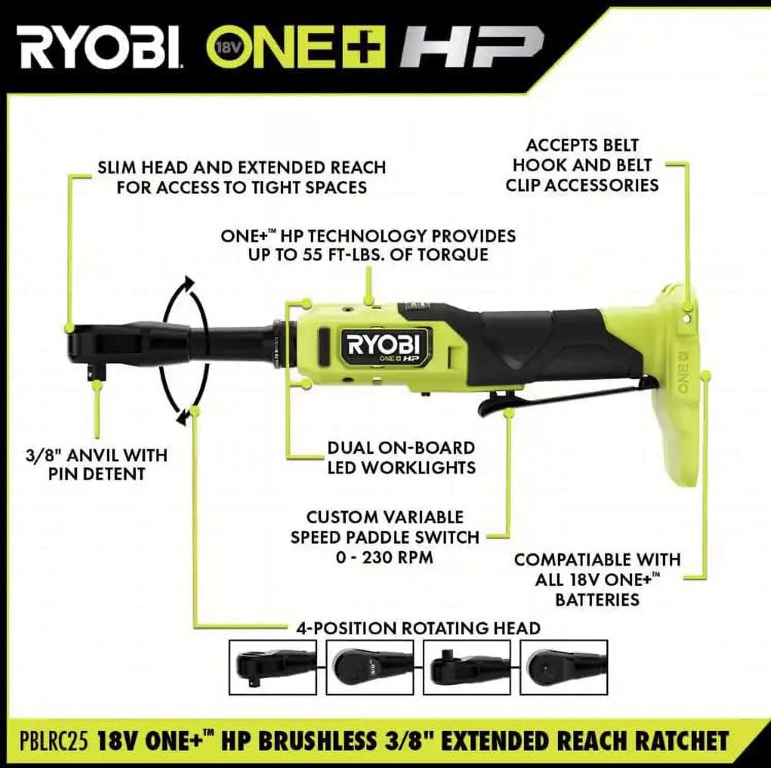 RYOBI - ONE+ HP 18V Brushless Cordless 3/8 in. Extended Reach Ratchet (Tool Only) - PBLRC25B - Radiant Selections