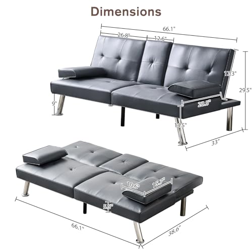 Faux Leather Convertible Folding Futon Sofa Bed with 2 Cup Holders, Sleeper Couch Bed with Removable Armrests, Metal Legs