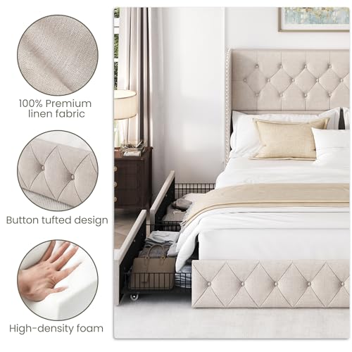 King Size Bed Frame with 4 Storage Drawers and Tufted Headboard Linen Upholstered Platform Bed Frame Wingback Beds with Wooden Slats Support