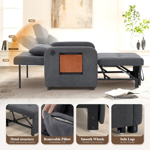 COLAMY Convertible Sleeper Chair-Fabric Futon Sofa Bed, Single Sleeper Sofa, Small Couch Bed with USB Port, Foldable Table, Pillow
