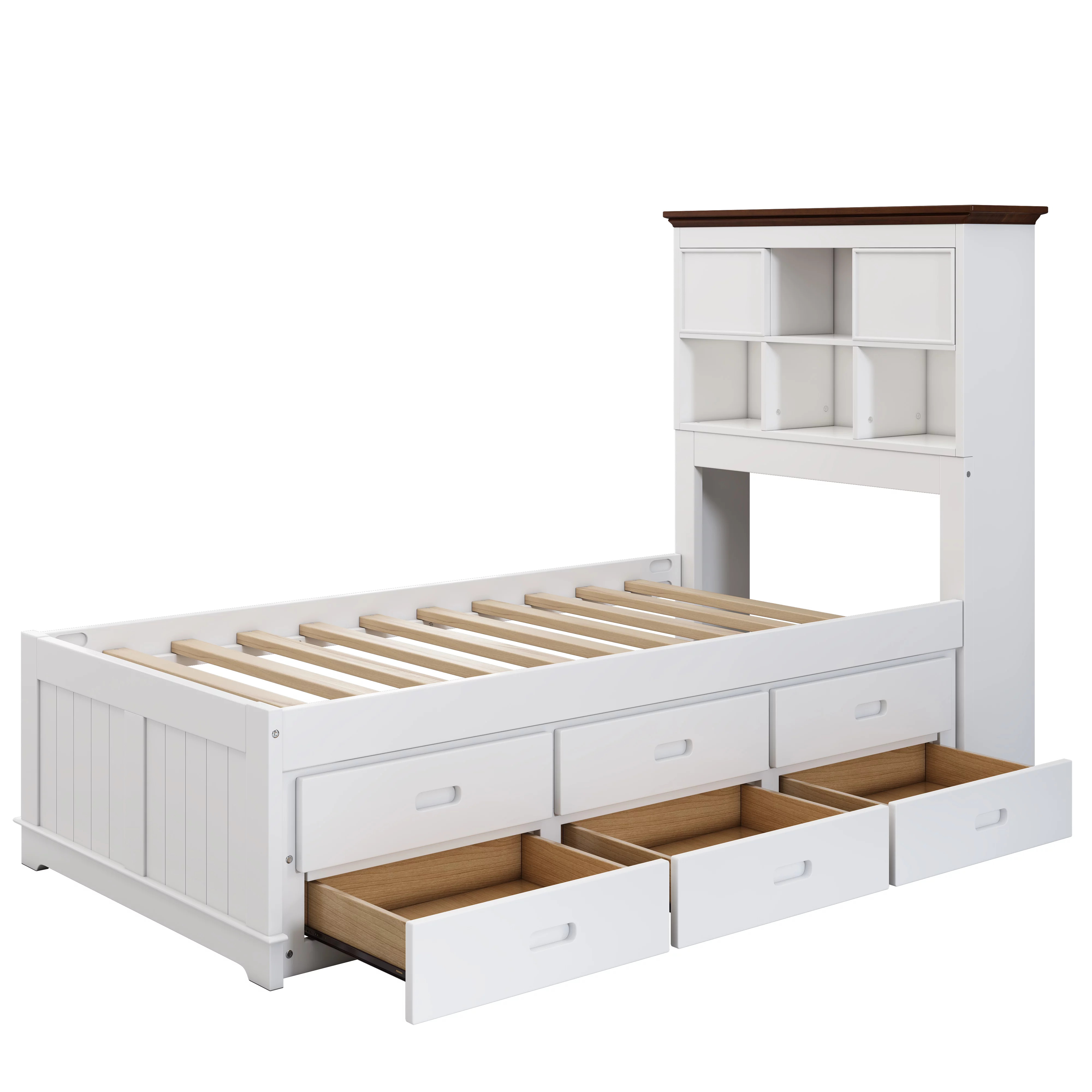 Royard Oaktree Solid Pine Captain Bed with Trundle and Bookcase Wood Platform Bed Frame with 3 Spacious Under Bed Drawers in Casual, Twin