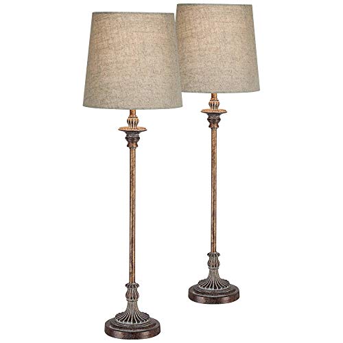 Regency Hill Bentley Traditional French Country Style Buffet Table Lamps 31.5" Tall Skinny Set of 2 Weathered Brown Ridged Linen Fabric Tapered Drum